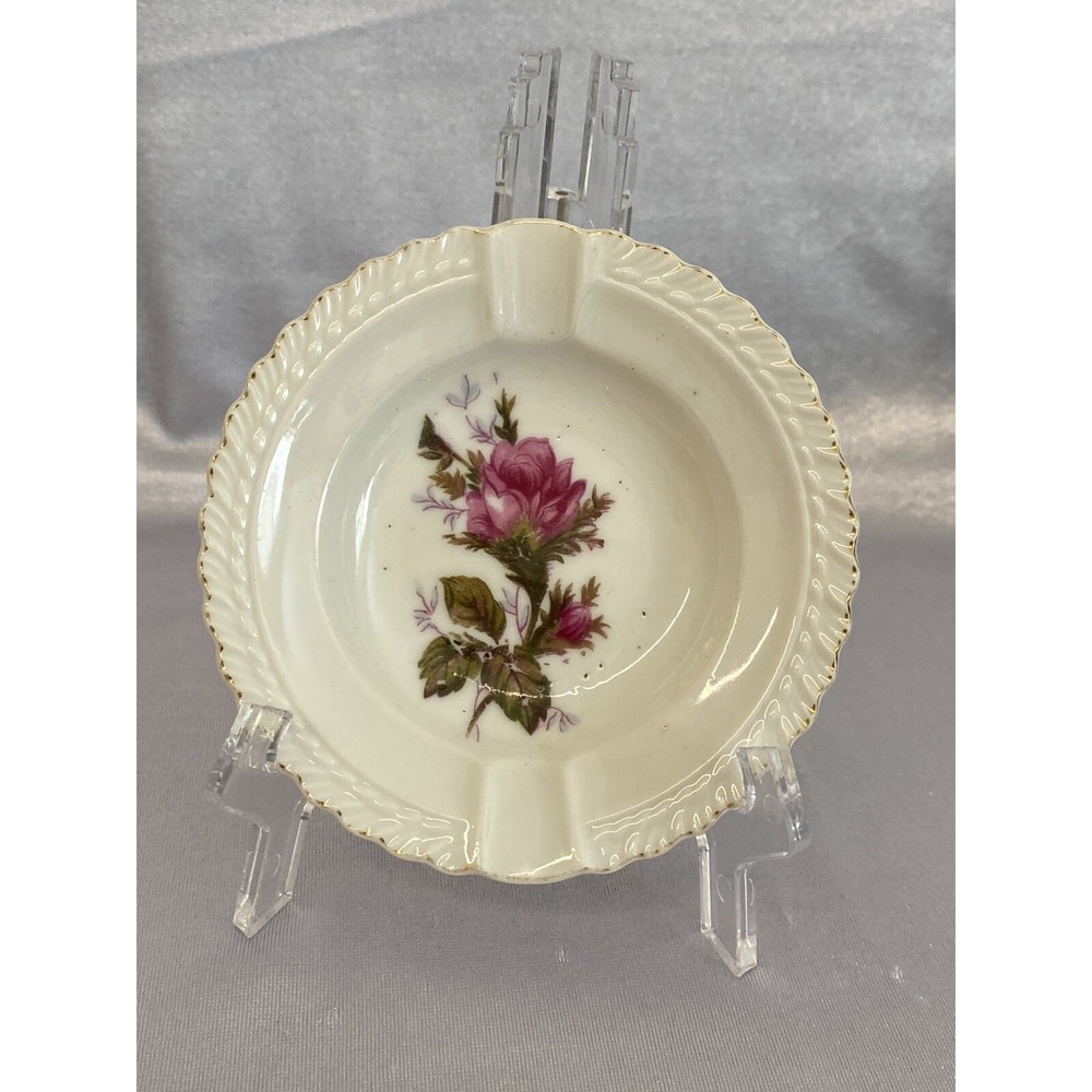 Vintage Petite Ashtray With Rose Centered Gold Edge Japan